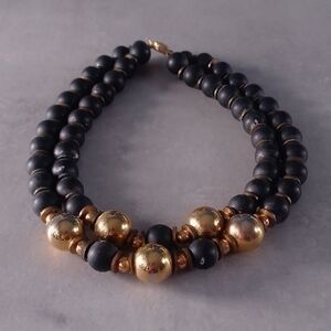 ✨ Vintage 1980s Black & Gold Beaded Bracelet, Retro Statement Jewelry ✨